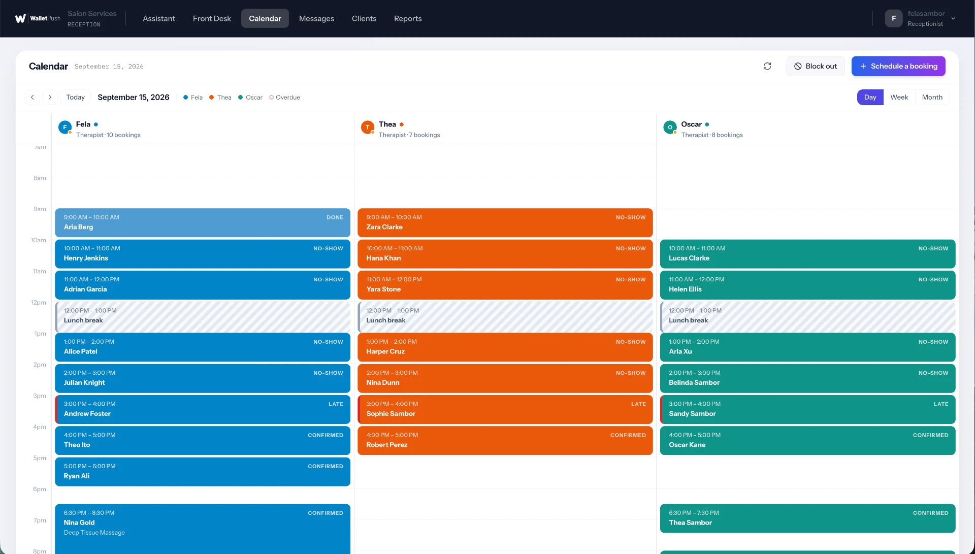 WalletPush calendar showing staff appointments and booking statuses