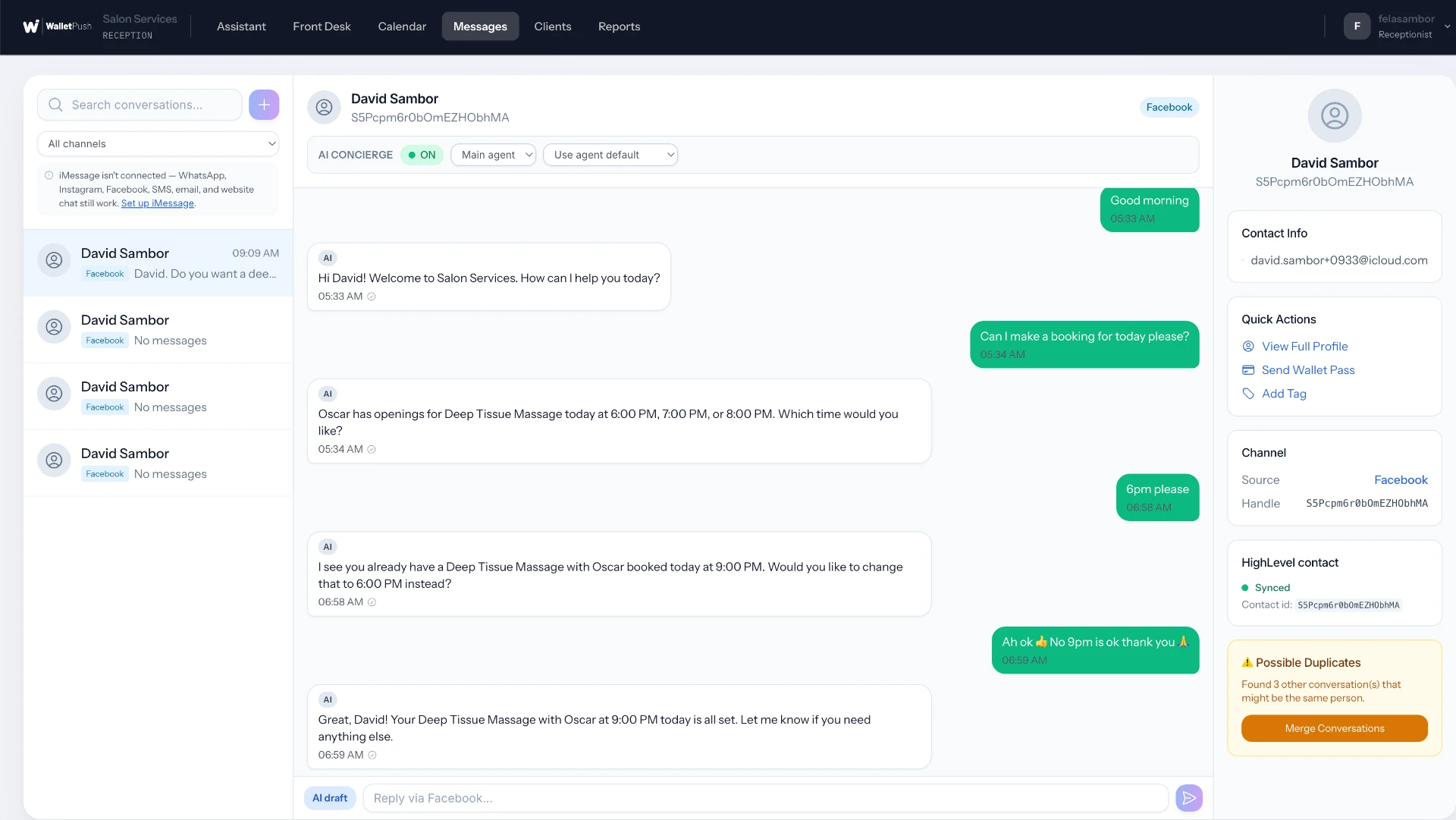 WalletPush AI Concierge handling and updating a customer booking conversation