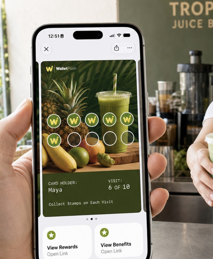 WalletPush wallet pass used by a Juice bar business